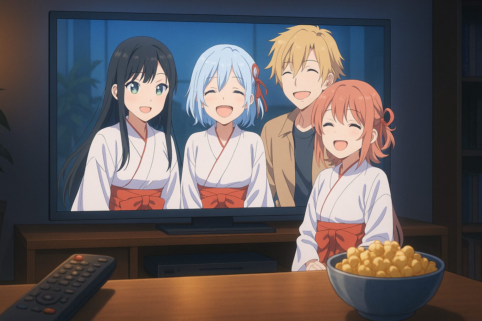 アニメ配信情報 用アイキャッチ(おうち視聴の温かい雰囲気)