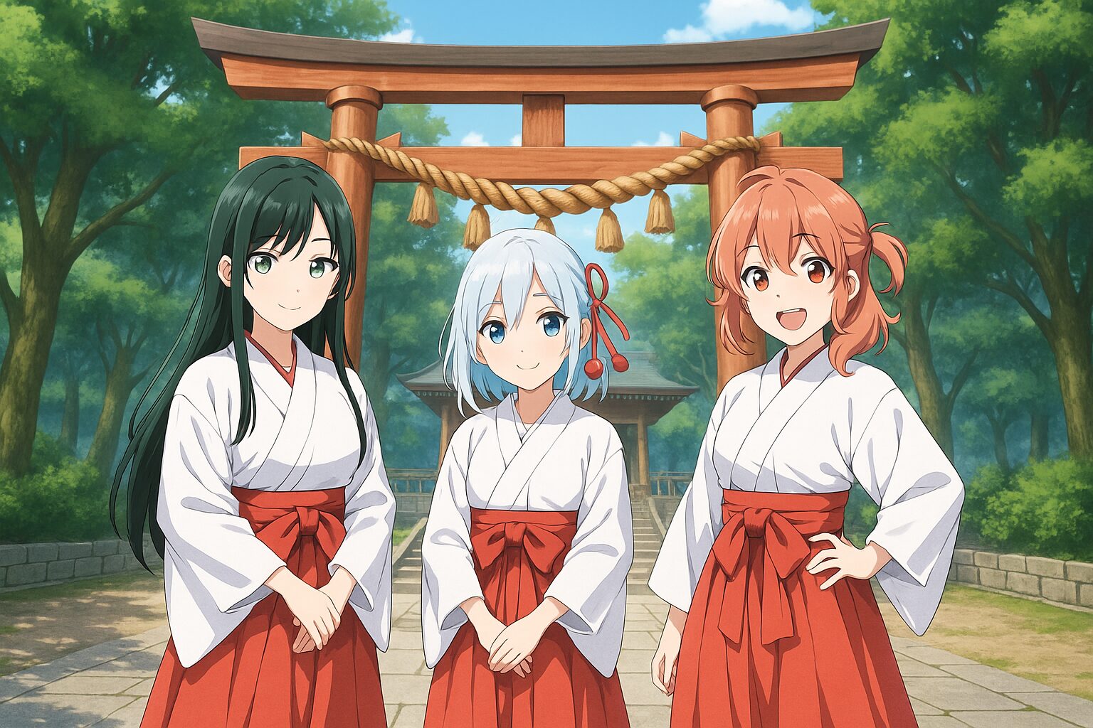 『甘神さんちの縁結び』とは? 用アイキャッチ(三姉妹/鳥居前)