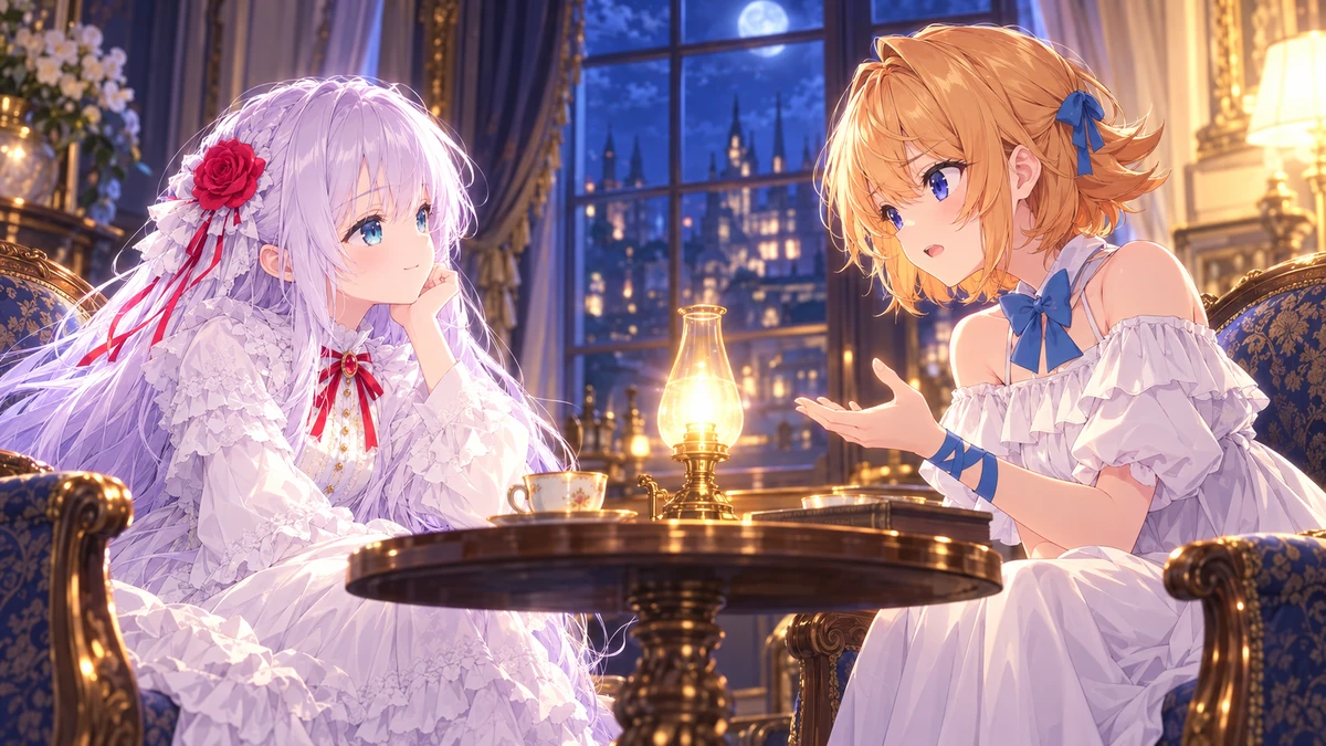 ランプの明かりの中で向かい合い、静かに語り合うニアとシャロのイメージイラスト