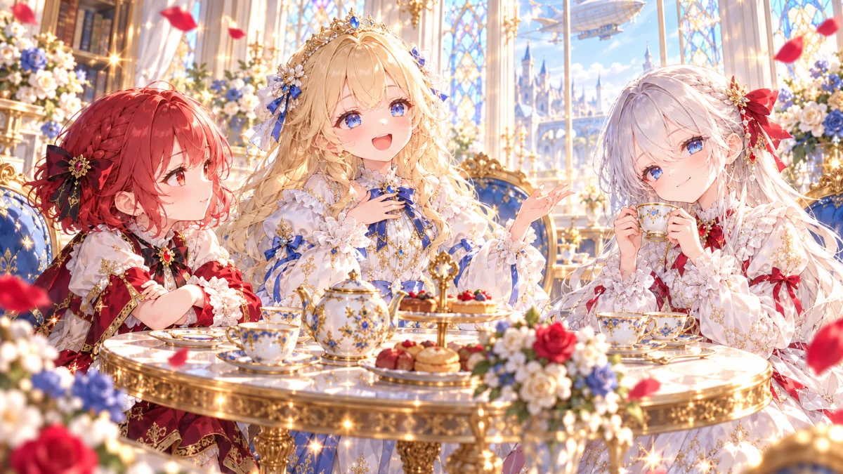凶乱令嬢ニア・リストン第4話で同盟を結ぶ王女と2人の令嬢のお茶会を描いたイラスト