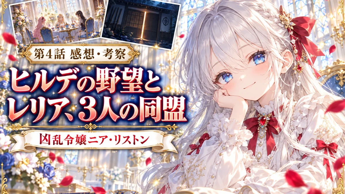 凶乱令嬢ニア・リストン第4話のヒルデの野望とレリア、3人の同盟を題材にしたアイキャッチ