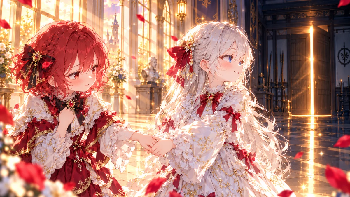 凶乱令嬢ニア・リストン第4話で友情の手を取りながら武道場の光を見つめる銀髪の令嬢を描いたイラスト