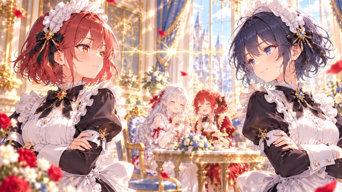 凶乱令嬢ニア・リストン第4話で主人を背負って張り合う侍女2人を描いたイラスト